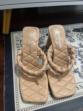 Jessica Simpson Beige Quilted Braided Thong Block Heel Sandals